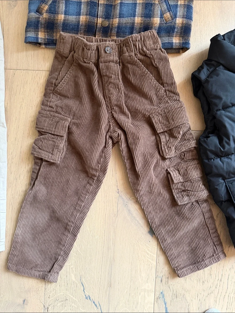 Kids Navy & Tan Plaid Shacket, Beige Chino Pants, Corduroy Cargos and Black Vest